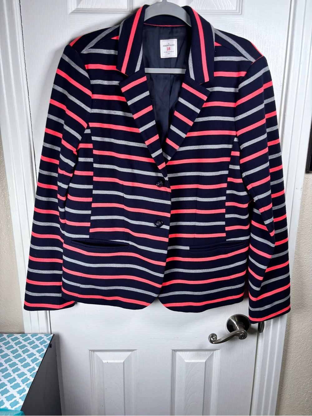 GAP The Academy Women's Navy Striped Blazer with Bright Pink & Gray Accents